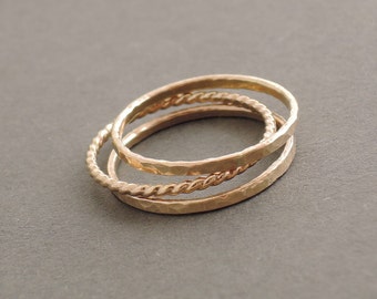 Gold Stacking Rings Three Gold Rings 2 Gold Filled hammered rings and 1 twist Ring - Gold Jewelry
