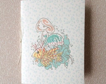 Small Handbound Journal - "Jellyfish Girl and her Noble Steed" - pocket saddle stitch notebook