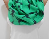 Bird Print Infinity Scarf Mother's Day Gift Green Cotton Loop Scarf Spring Summer Fall Women Fashion Accessory Christmas Gift Idea For Her S