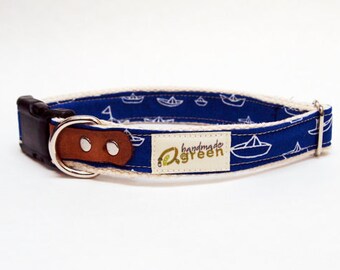 Hemp Dog Collar. Blue Boats Print. Choose your size.
