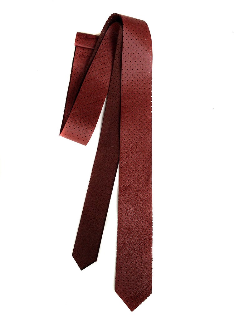 Oxblood leather necktie. Perforated leather mens by Cyberoptix