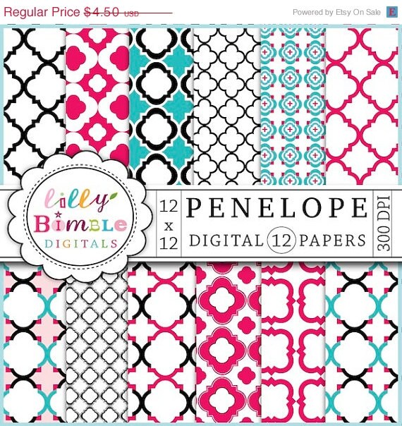 50% off QUATREFOIL Pink and Turquoise Penelope Papers for scrapbooking, cards, design Instant Download Il_570xn