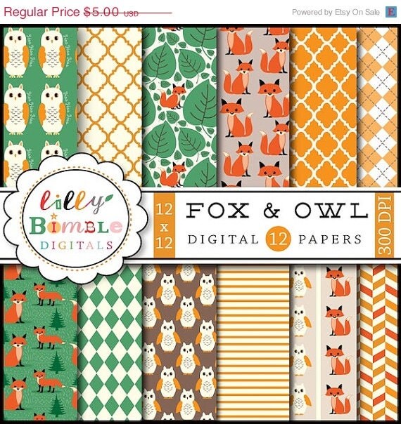 50% off Fox Digital Papers woodland scrapbooking paper owls, paper pack DIGITAL DOWNLOAD Il_570xn