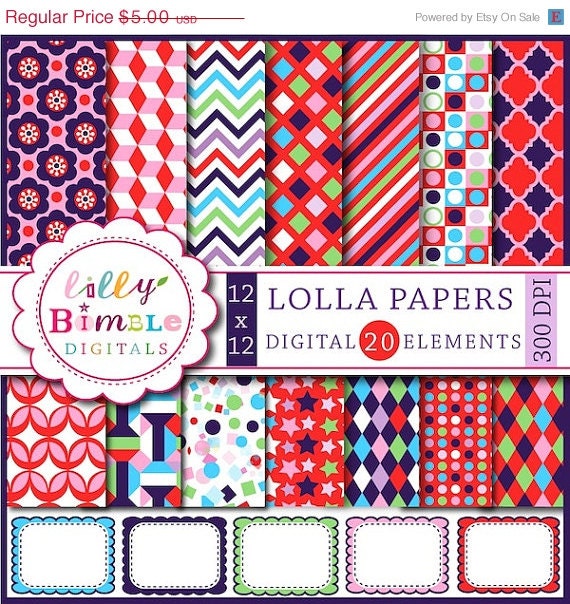 50% off Lolla DIgital papers for cards, journals, notebooks and scrapbooking Modern red, blue chevron, frames, clipart Download Il_570xn