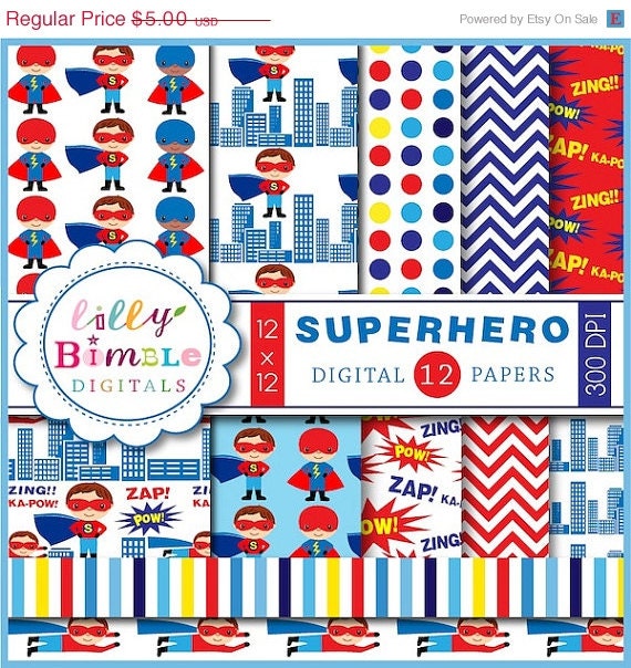 50% off Superhero digital papers for birthdays, scrapbooking. Commercial use included paper pack DOWNLOAD Il_570xn