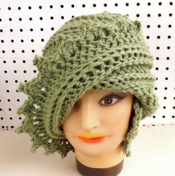 LAUREN Steampunk Hat, Womens Crochet Beanie Hat, Womens Beanie Hat, Womens Hat Trendy, Crochet Hat for Women, Sage Green Hat