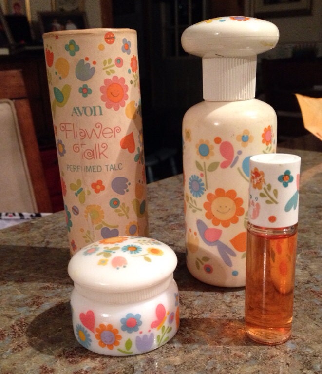 Vintage 1970s Avon Set of 4 Flower Talk Perfume and Powder