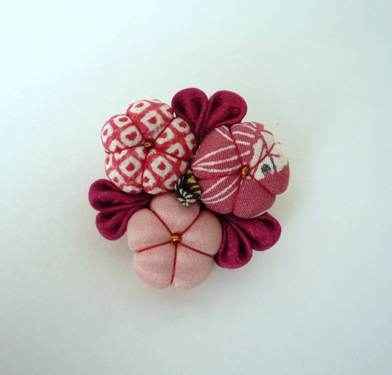 Pink Brooch Pin, Japanese Silk Kimono Flowers, Christmas gift Idea