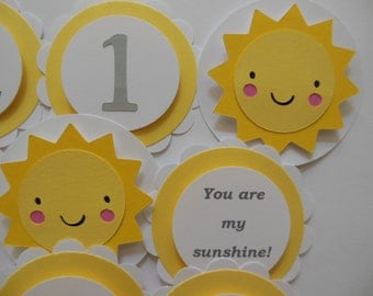You Are My Sunshine 1st Birthday Cupcake Toppers - Yellow, Gray and White - Gender Neutral - Child Party Decorations - Set of 12