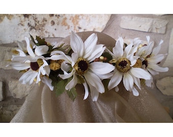 white daisy floral head wreath bridal flower crown boho rustic Victorian wedding flowers renaissance costume accessory