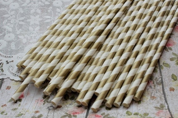 Gold Stripe Party Straws Set of 30 - Paper straws Il_570xn