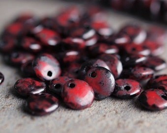 Red Black Picasso Czech Glass Bead 6mm Lentil : 50 pc