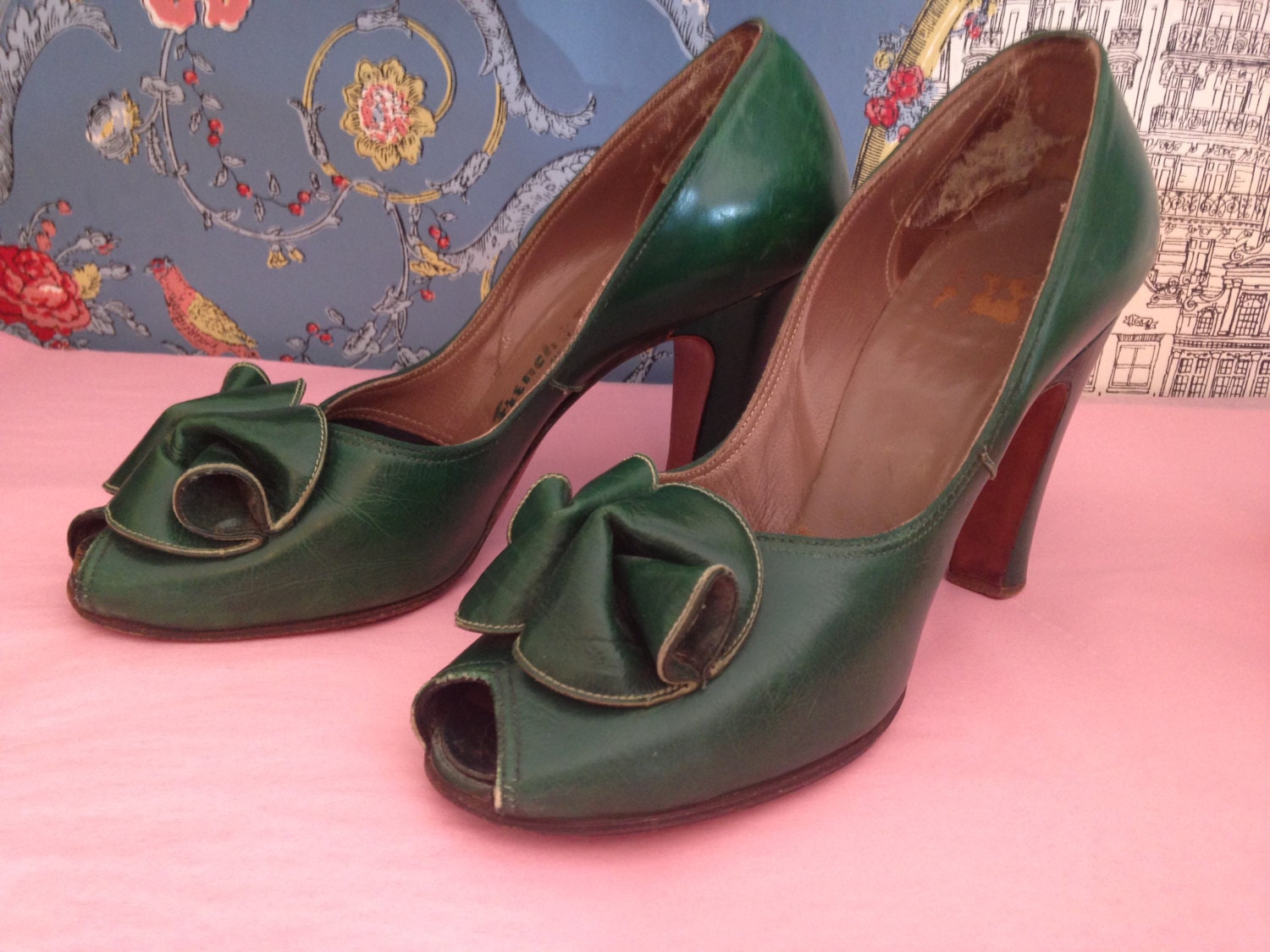 1940s green shoes 40s heels size 6 Vintage 40s shoes leather