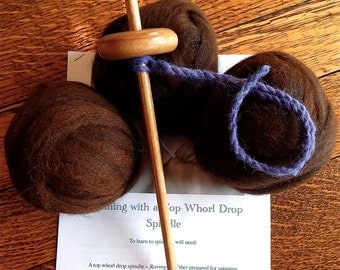 Drop Spindle Kit 1 Ounce Baby Soft Alpaca Rovings, 12" Drop Spindle Top Whorl, Drop Spindle Spinning Instructions Starter Kit Handmade