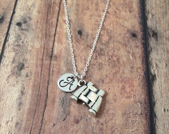 Binoculars initial necklace - binoculars jewelry, gift for bird watcher, camping jewelry, gift for camper, silver binoculars necklace
