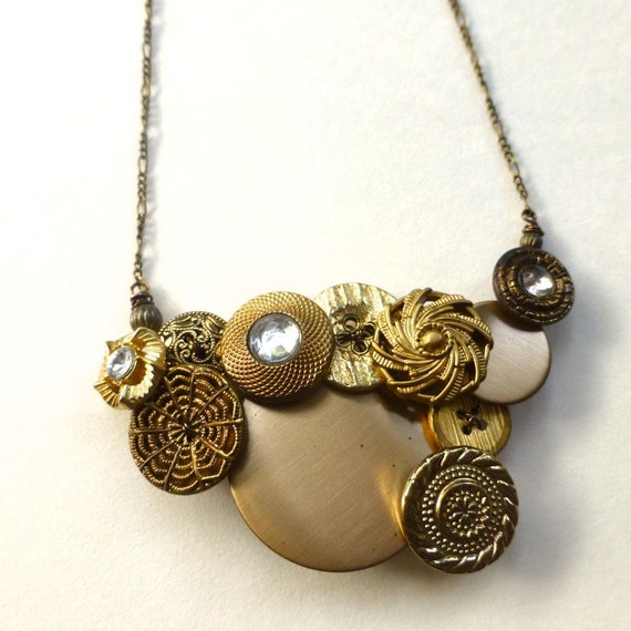 Fancy Vintage Button Statement Necklace Brassy Gold Sparkle