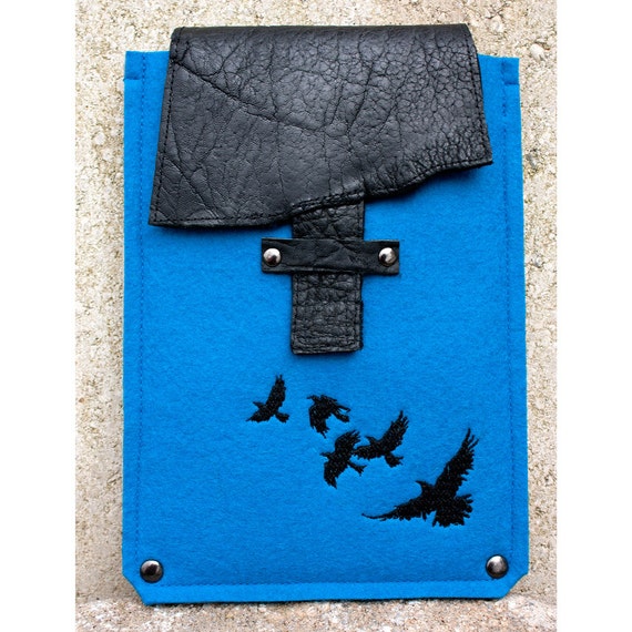 E Reader/iPad Mini Case Wool Felt and Leather with Embroidery