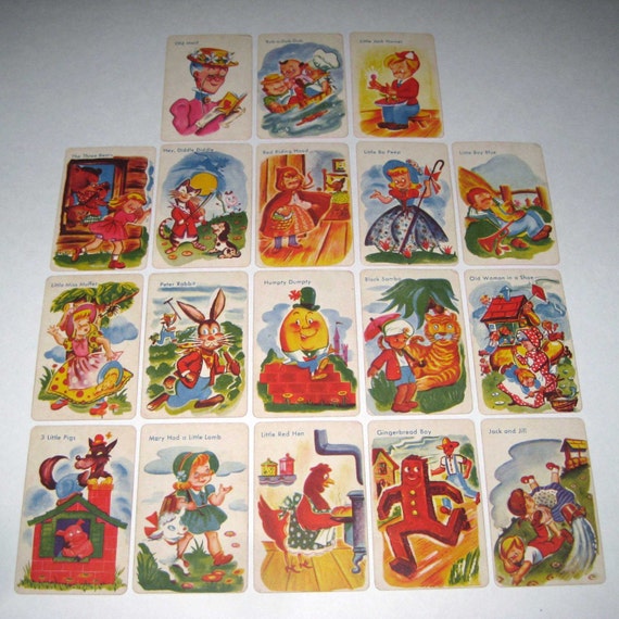 Vintage Old Maid Children's Playing Cards with Adorable Storybook and Nursery Rhyme Characters Includes Little Black Sambo Set of 18