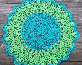 Turquoise and Bright Green Patio Porch Cord Crochet Rug in 35" Round Pineapple Pattern READY TO SHIP