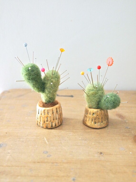 Miniature cactus pin cushion clay pot wool by JessQuinnSmallArt