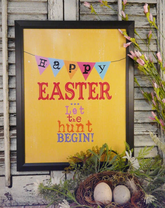 Happy Easter egg hunt sign digital - banner yellow chick uprint NEW vintage art words primitive old pdf 8 x 10 frame saying