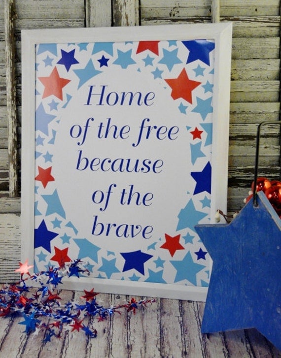 Home of the free sign American digital - pdf blue 4th of july uprint art words vintage style primitive paper old  Patriotic saying