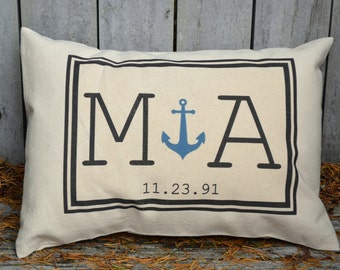 Personalized Couples gift, Anchor pillow, valentines, Christmas, monogram pillow, boating gift, 2nd anniversary, gift for her, nautical gift