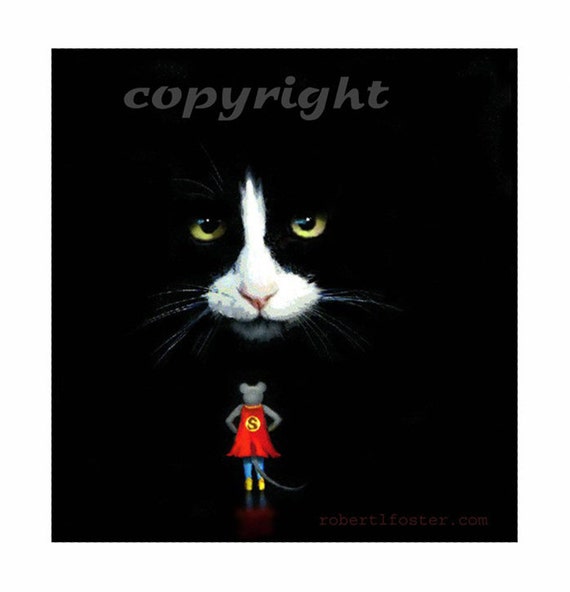 cat art , mighty mouse, black and white kitty, painting, tuxedo cat