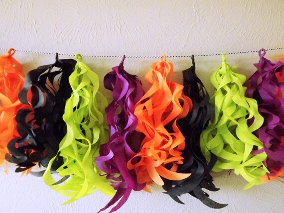 Halloween Curly Tissue Tassel Garland with 16 tassels. Weddings, Parties, showers and birthday parties. Pastel