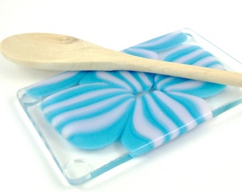 Blue and Pink Fused Glass Spoon Rest - Pastel Glass Spoon Rest - One of a Kind Pink, Blue and Clear Glass Butter Dish