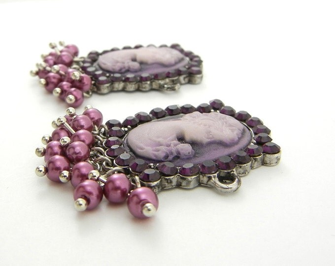 Set of 2 Purple Acrylic Cameo Double Link Side Charms Amethyst Rhinestones