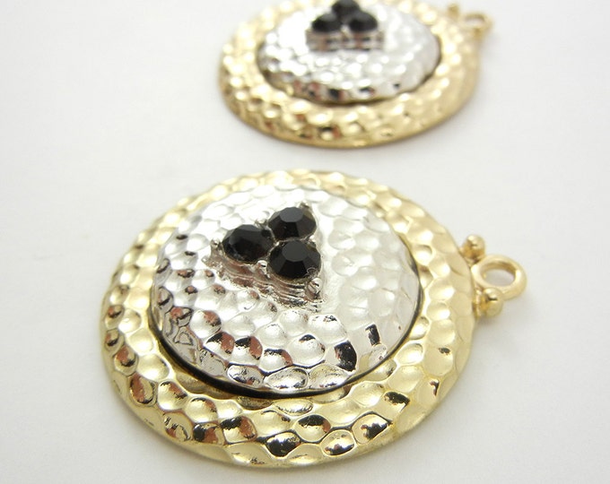 Pair of Round Textured Two Tone Charms Black Rhinestones