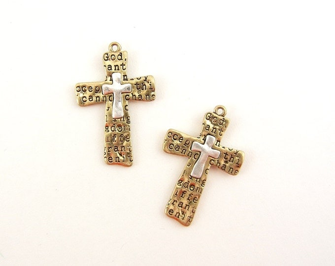 Pair of Two tone Cross Charms with Portion of the Serenity Prayer