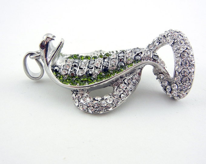 Large Cobra Snake Pendant Silver-tone with Green, Hematite and Clear Rhinestones