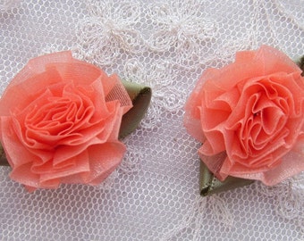 18pc Orange Sherbet Organza Ribbon Fabric Flower Applique Shabby Chic Baby Doll Carnation Cabbage Rose Bow