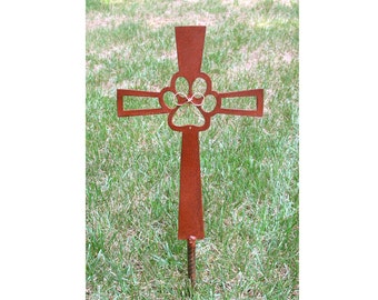 Pet Memorial Cross Garden Stake - Dog - Metal Yard Art - Metal Garden Art - Metal Cross - Rusty - Design 2