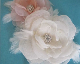 Blush, Ivory Organza Feather Rose Hair Set E150 - feather bridal hair accessory