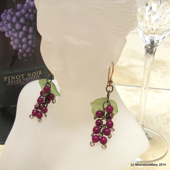 Wine Lover Earrings Grape Cluster Lucite Leaves by MoonstoneMary
