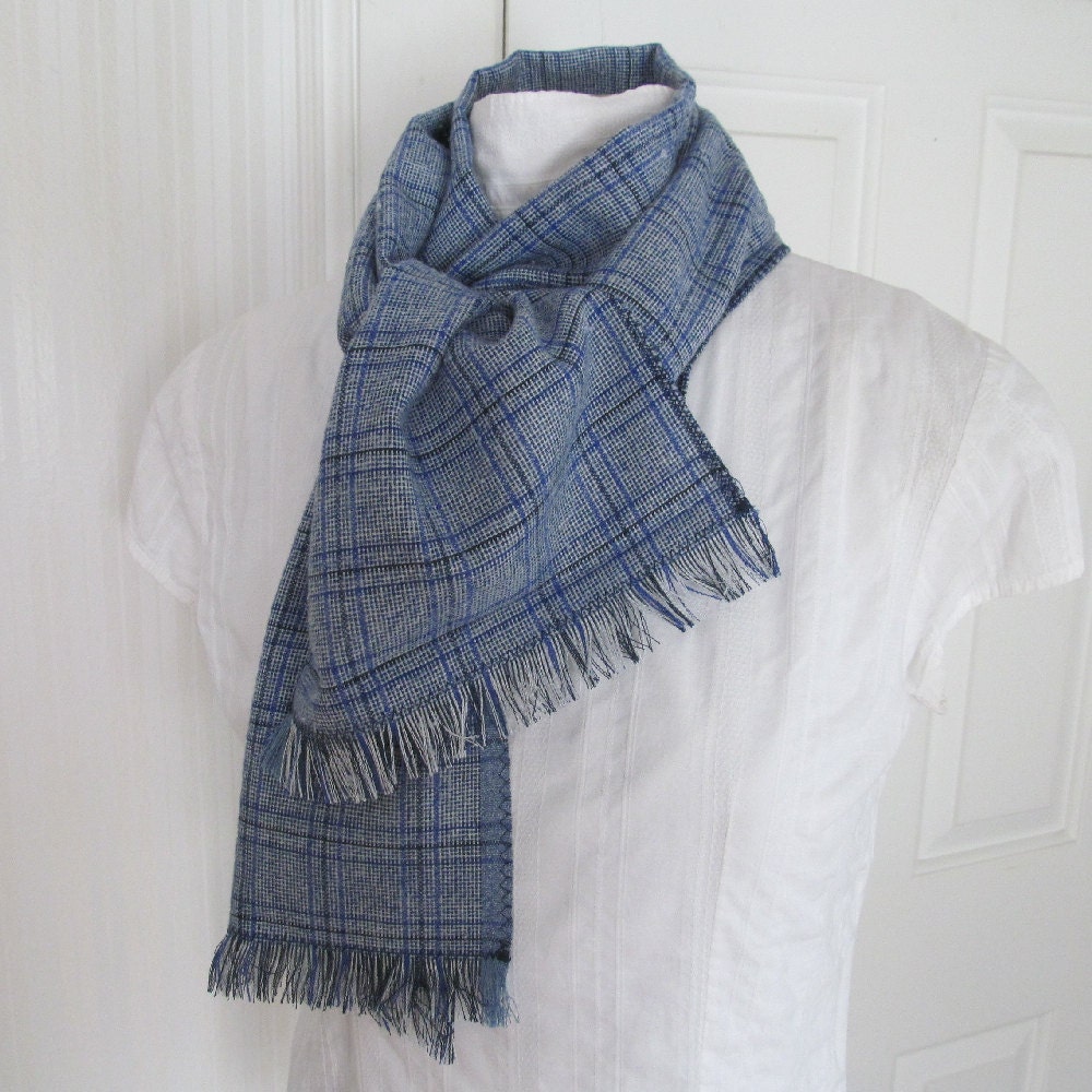 Blue Plaid Long Linen Frayed Fringe Scarf For Men Or Women