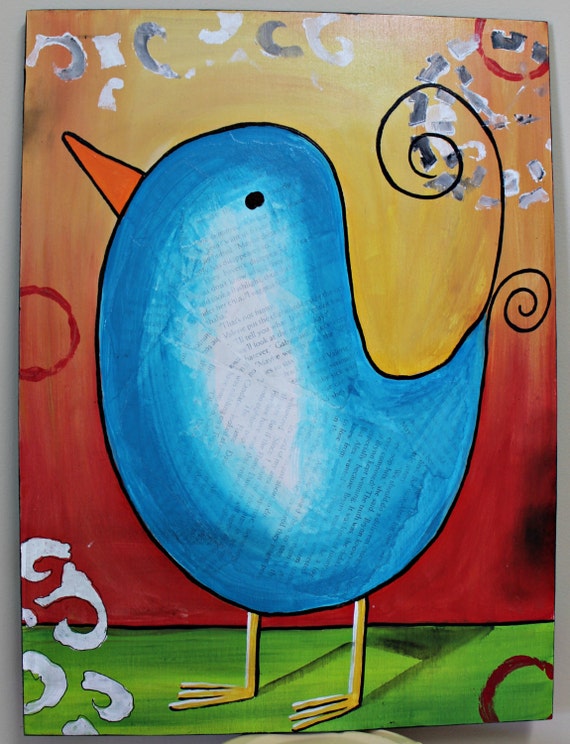 ORIGINAL Mixed Media Whimsical Bird Painting by Slaphappy