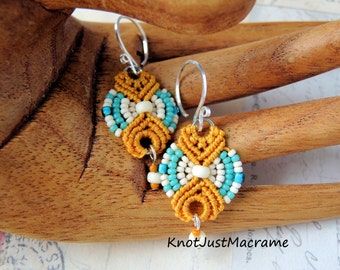 Teal and Mustard Beaded Macrame Earrings MicroMacrame