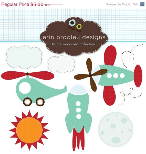 50% OFF SALE Transportation Clipart Clip Art Personal & Commercial Use Helicopter Airplane Rocketship in Turquoise and Red Il_570xn