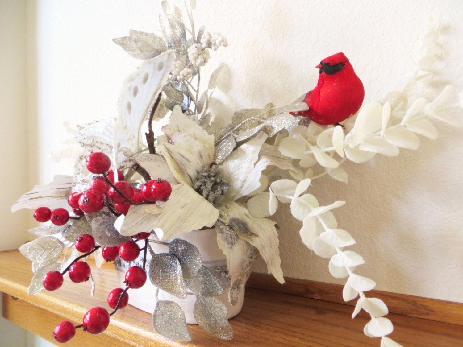 red cardinal gray white christmas silk floral arrangement red cardinal gray white christmas silk floral arrangement