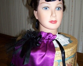 Ladies Hat Light Purple Satin Satin Victorian Civil War Hat teardrop with Black ribbon and Reticule