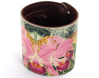Leather cuff / wallet wristband / bracelet - Tropical Bloom