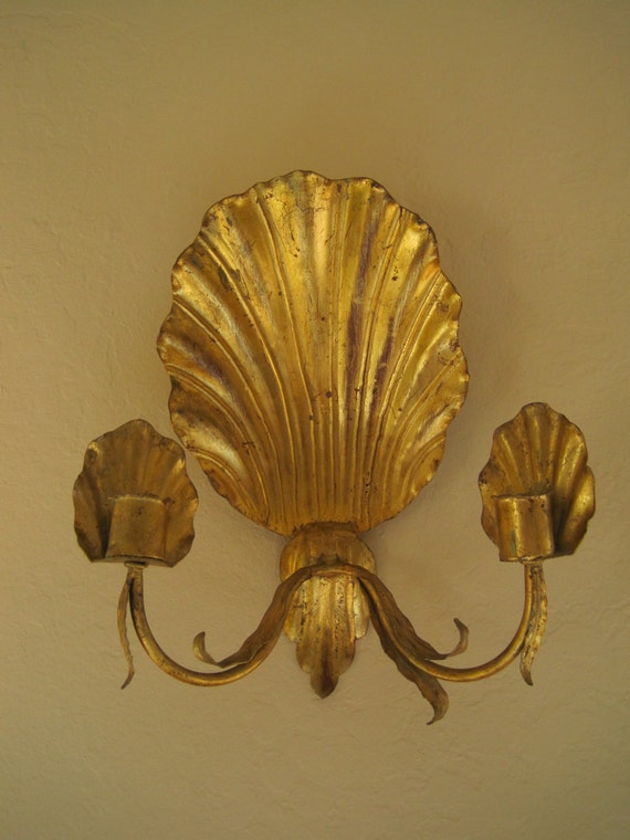 Vintage Candle Sconce Italian Tole Gold Leaf Clam by sprucedroost