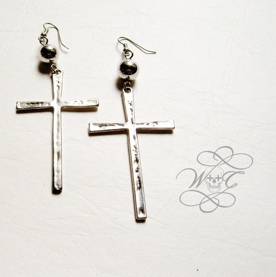 Large Silver Cross Earrings by whoretothecore on Etsy