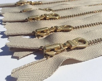YKK Brass Gold Metal Donut Pull Zippers- (5) Pieces - 010 Khaki - light brown, tan, neutral- Available in 4,5,6,7,8,9,10,12,14,16 or 18 Inch