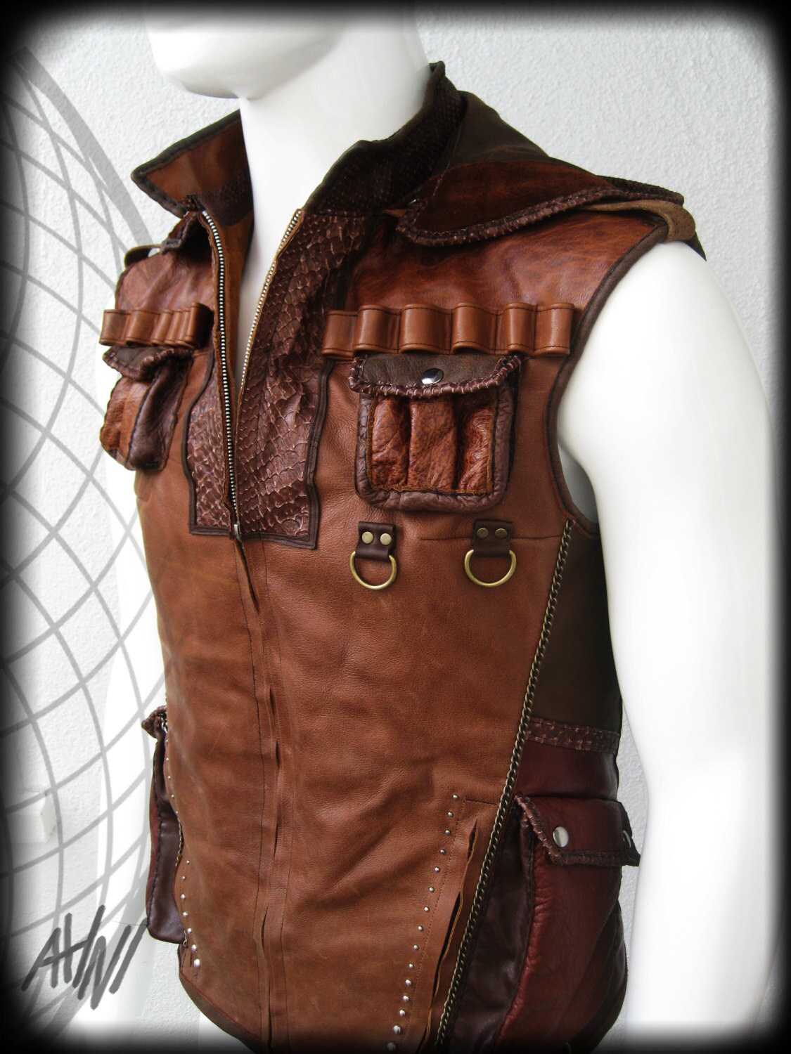 Indiana Jones Brown Leather Vest with Many Pockets custom