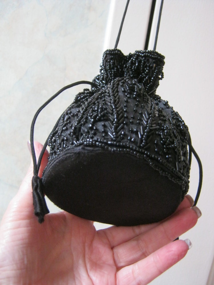 Vintage small black beaded drawstring evening bag by lovinglola